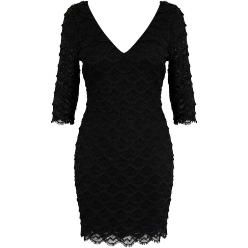 GUESS Los Angeles Black Tiered Scalloped Fringe Lace V-Neck Sheath Dress Size 14